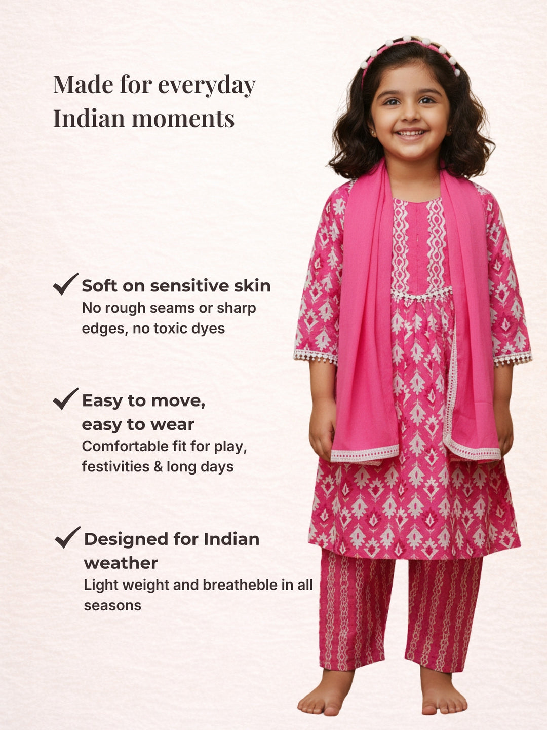 Pink Motif Print Kurti Set