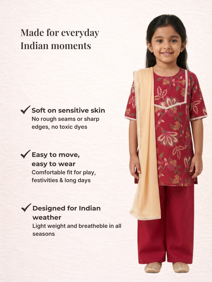 Red Floral Vine Print Kurti Set
