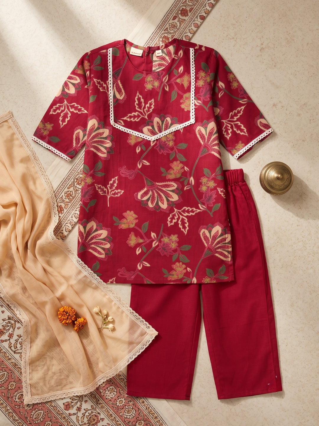 Red Floral Vine Print Kurti Set