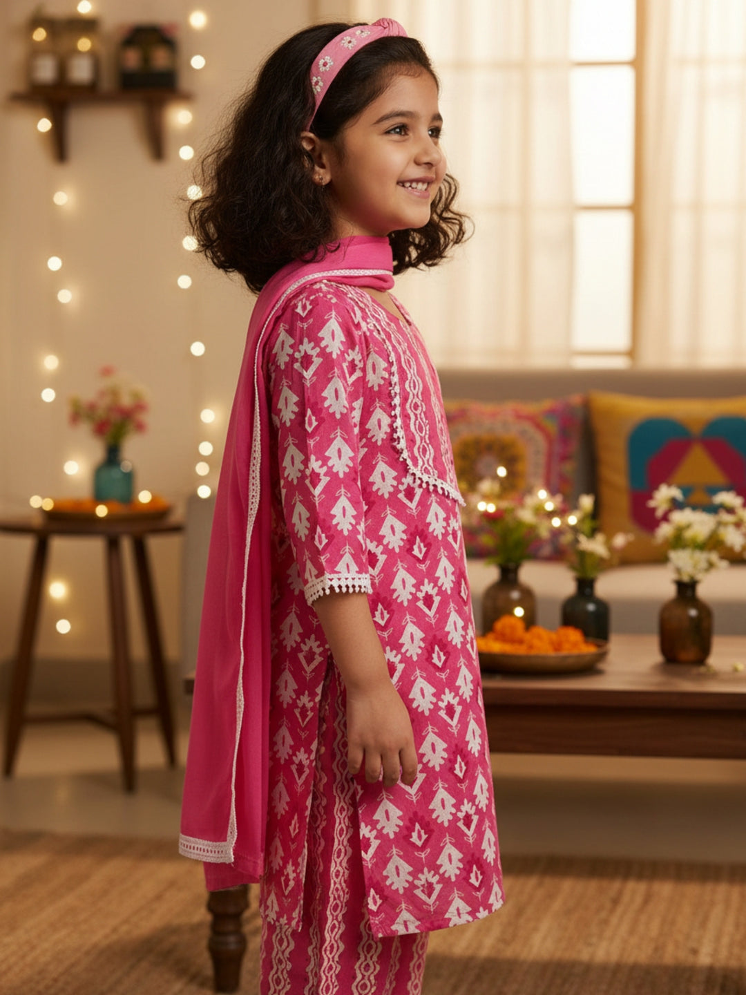 Pink Motif Print Kurti Set