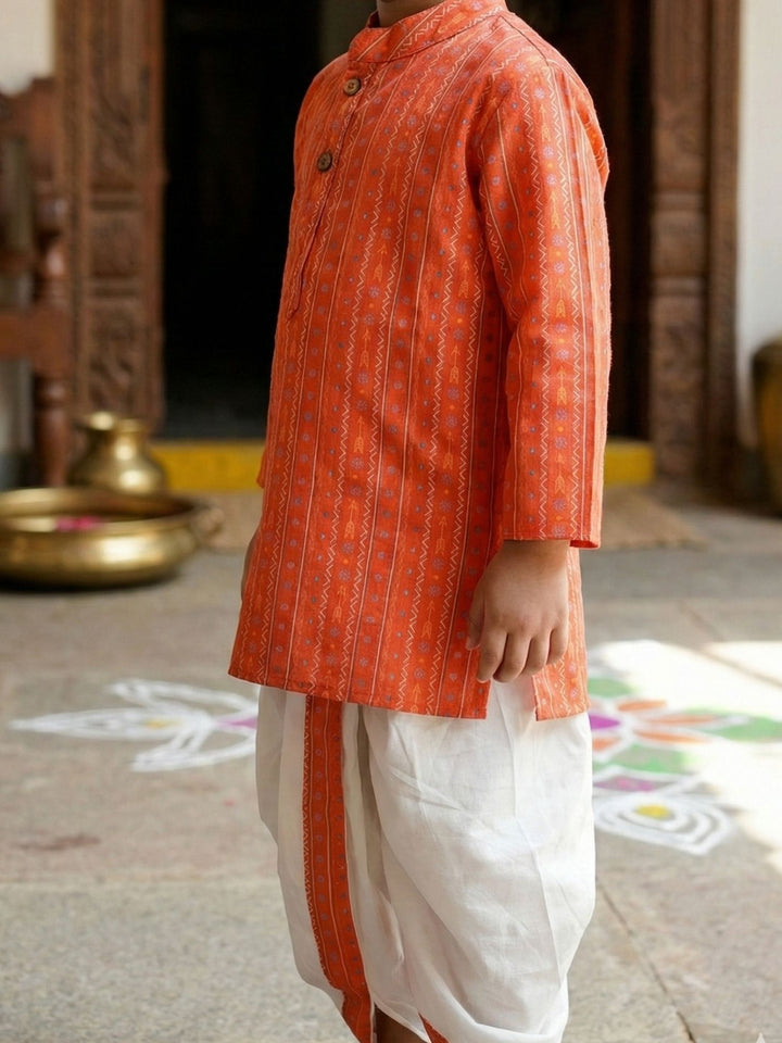 Orange Tribal Motif Kurta Dhoti Set