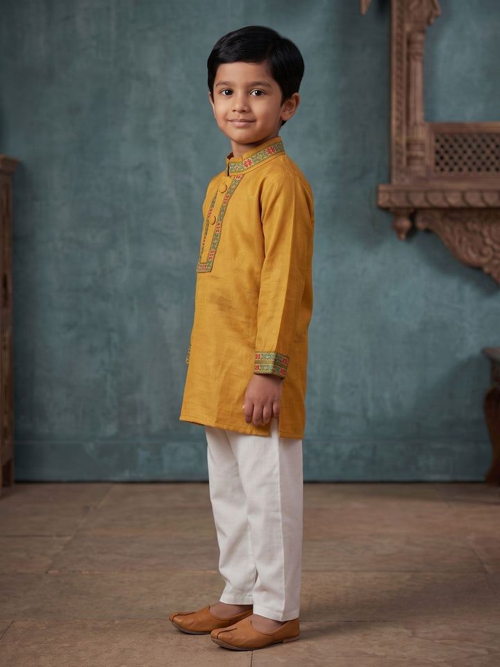 Yellow Mashru Embroidered Kurta Pajama