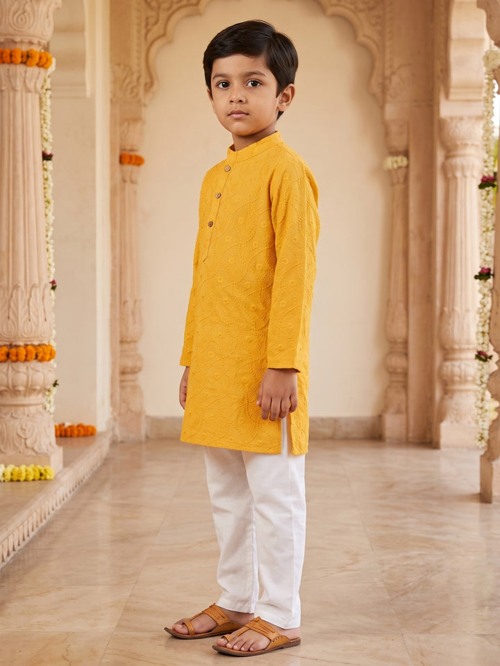 Yellow Schiffli Embroidered Kurta Pajama