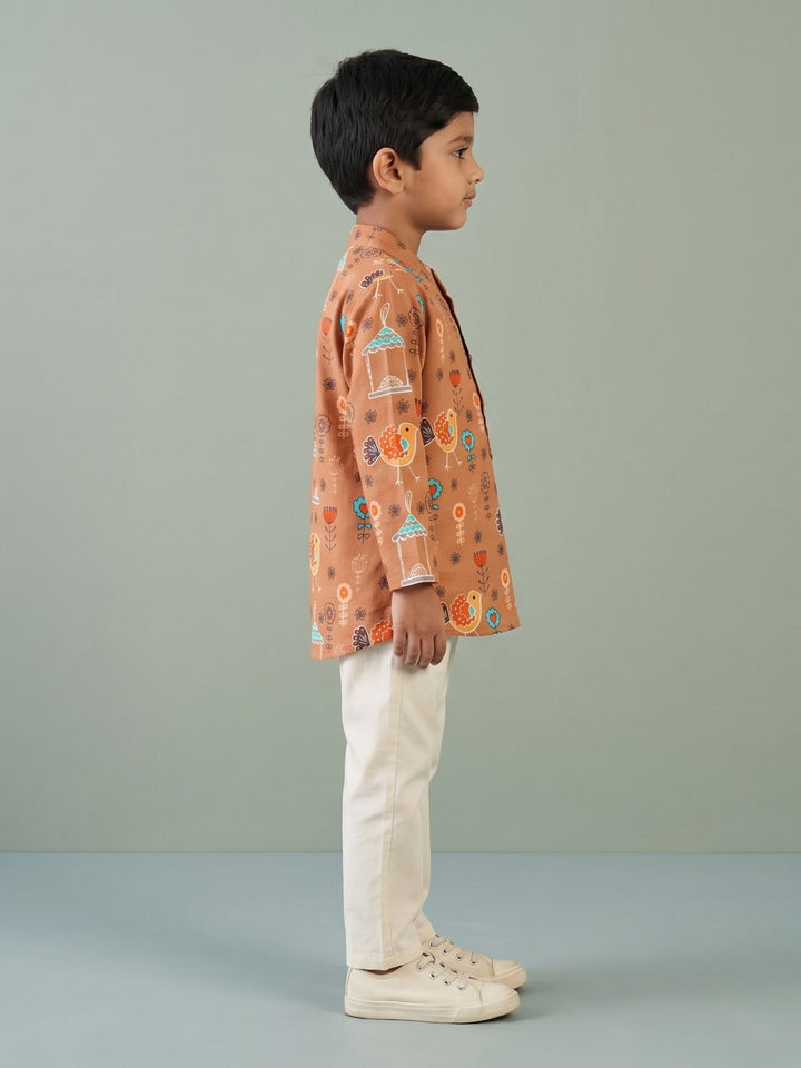 Brown Floral Bird Short Kurta