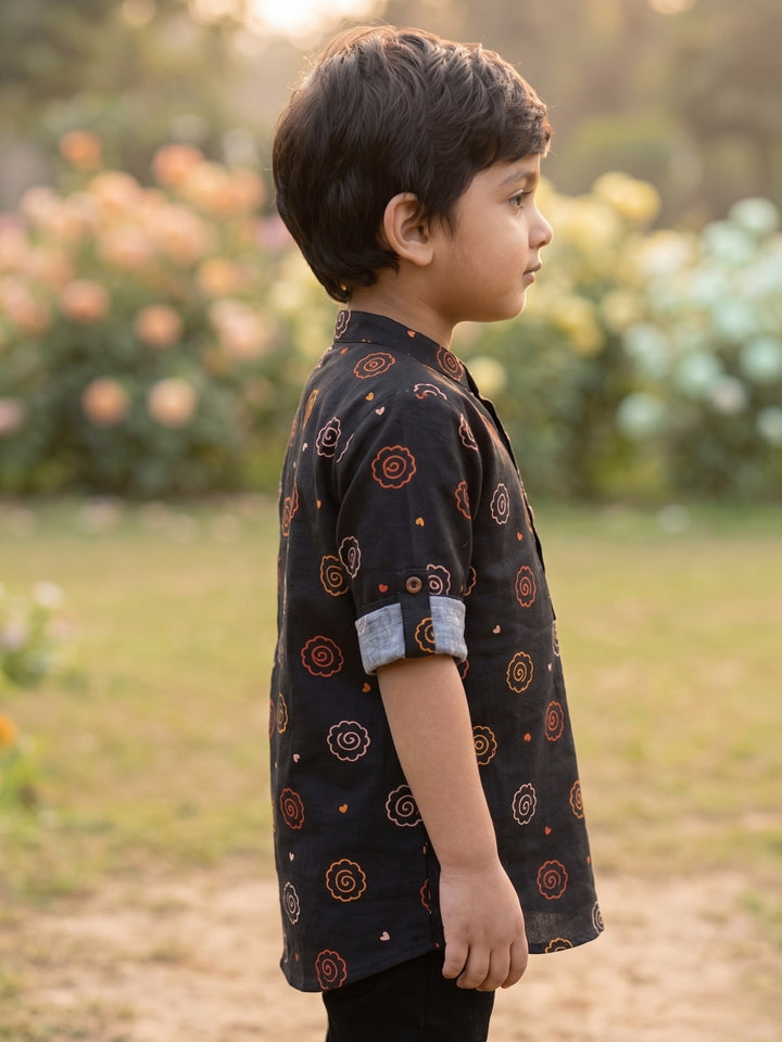 Charcoal Floral Motif Short Kurta