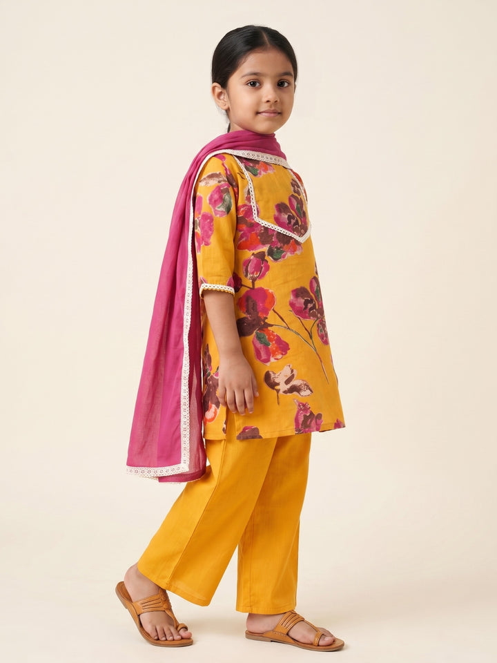 Mustard Water Color Floral Print Kurti Set