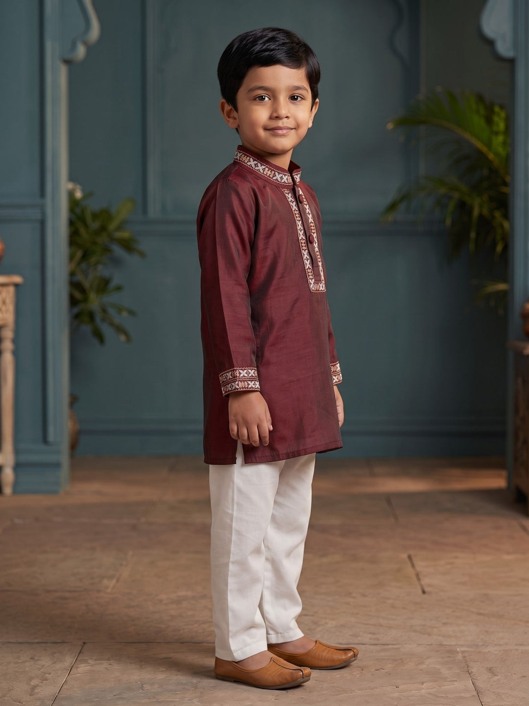 Maroon Mashru Embroidered Kurta Pajama