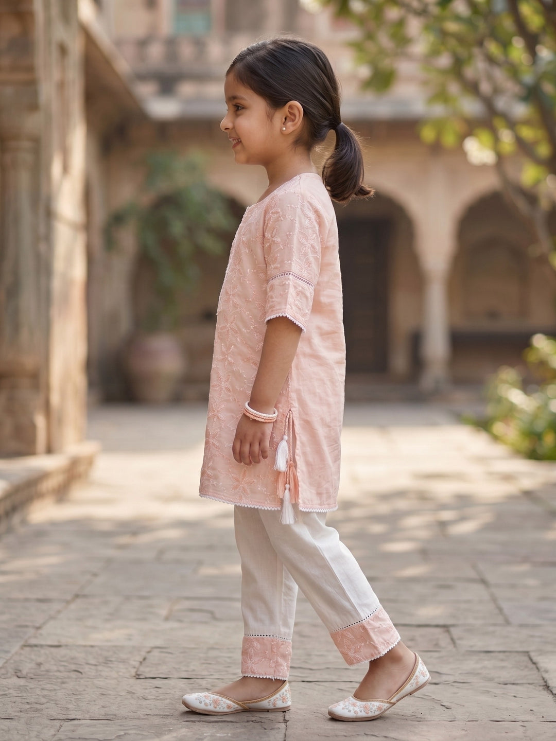 Peach Embroidered Kurti Set
