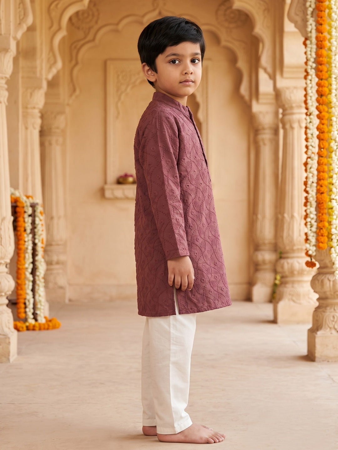 Wine Schiffli Embroidered Kurta Pajama