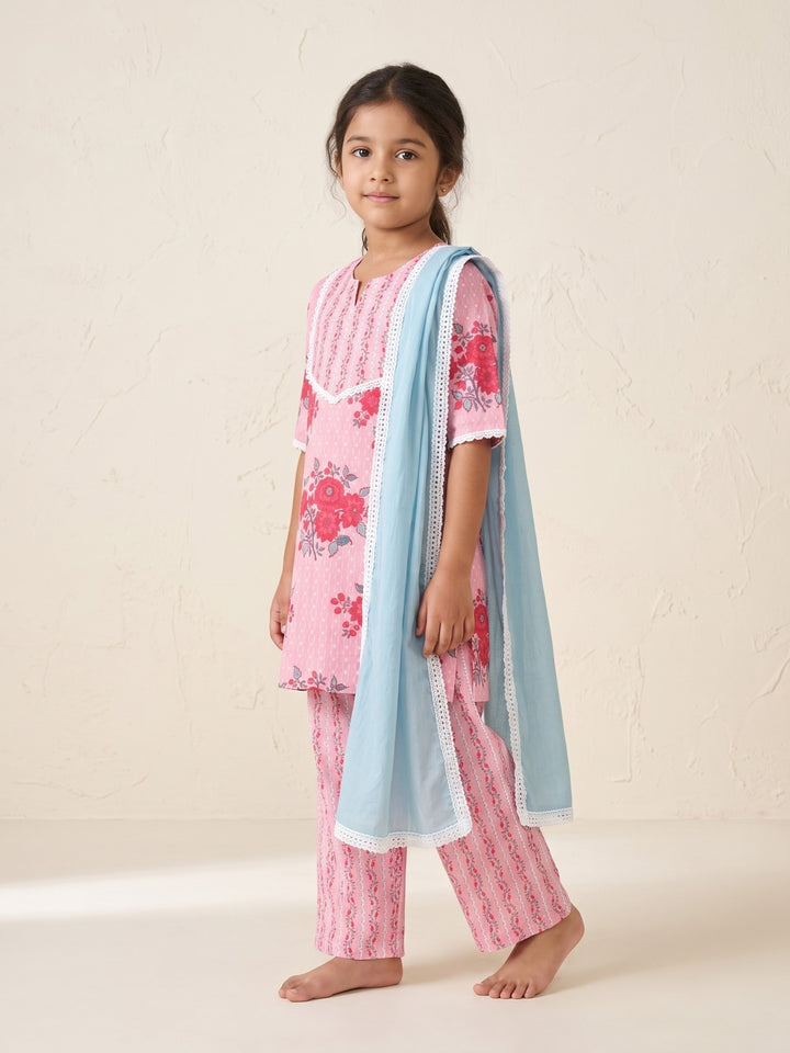 Pink Floral Buds Print Kurti Set