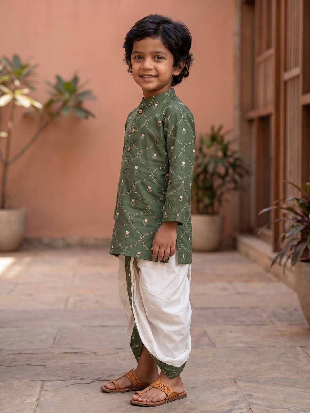 Olive Tulip Floral Bud Kurta Dhoti Set
