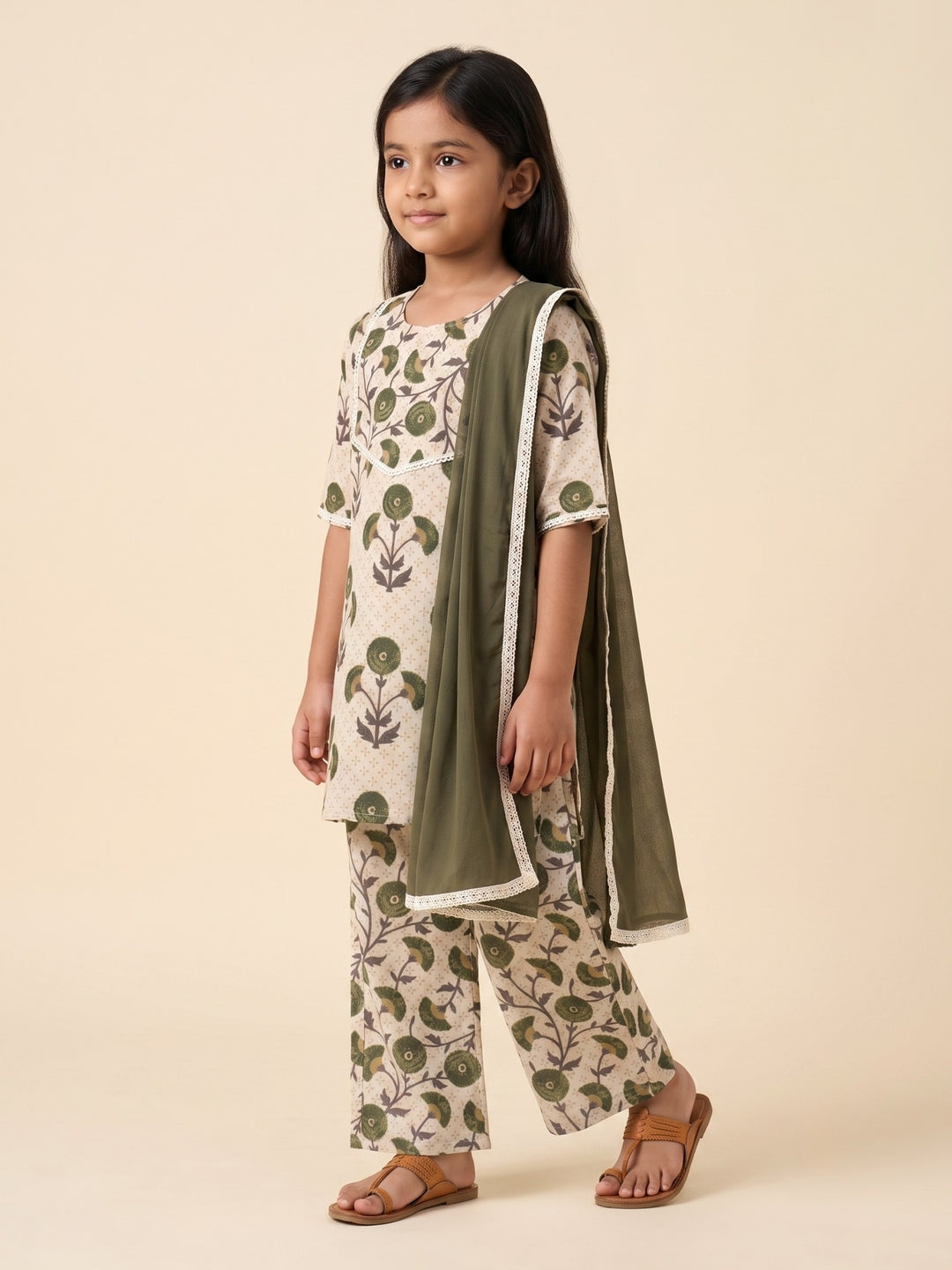 Cream Floral Motif Print Kurti Set