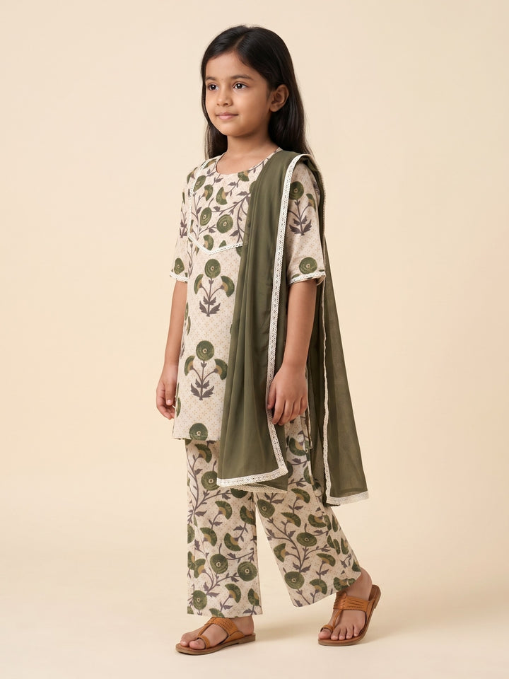 Cream Floral Motif Print Kurti Set