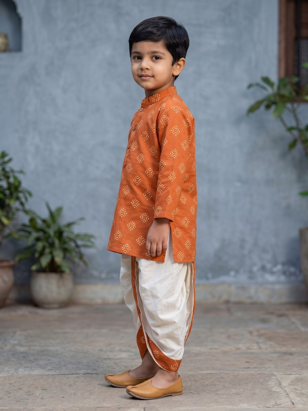 Rust Floral Butti Kurta Dhoti Set
