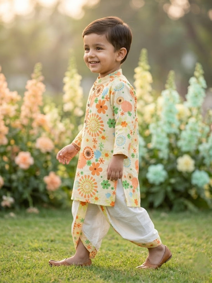 Yellow Floral Kurta Dhoti Set