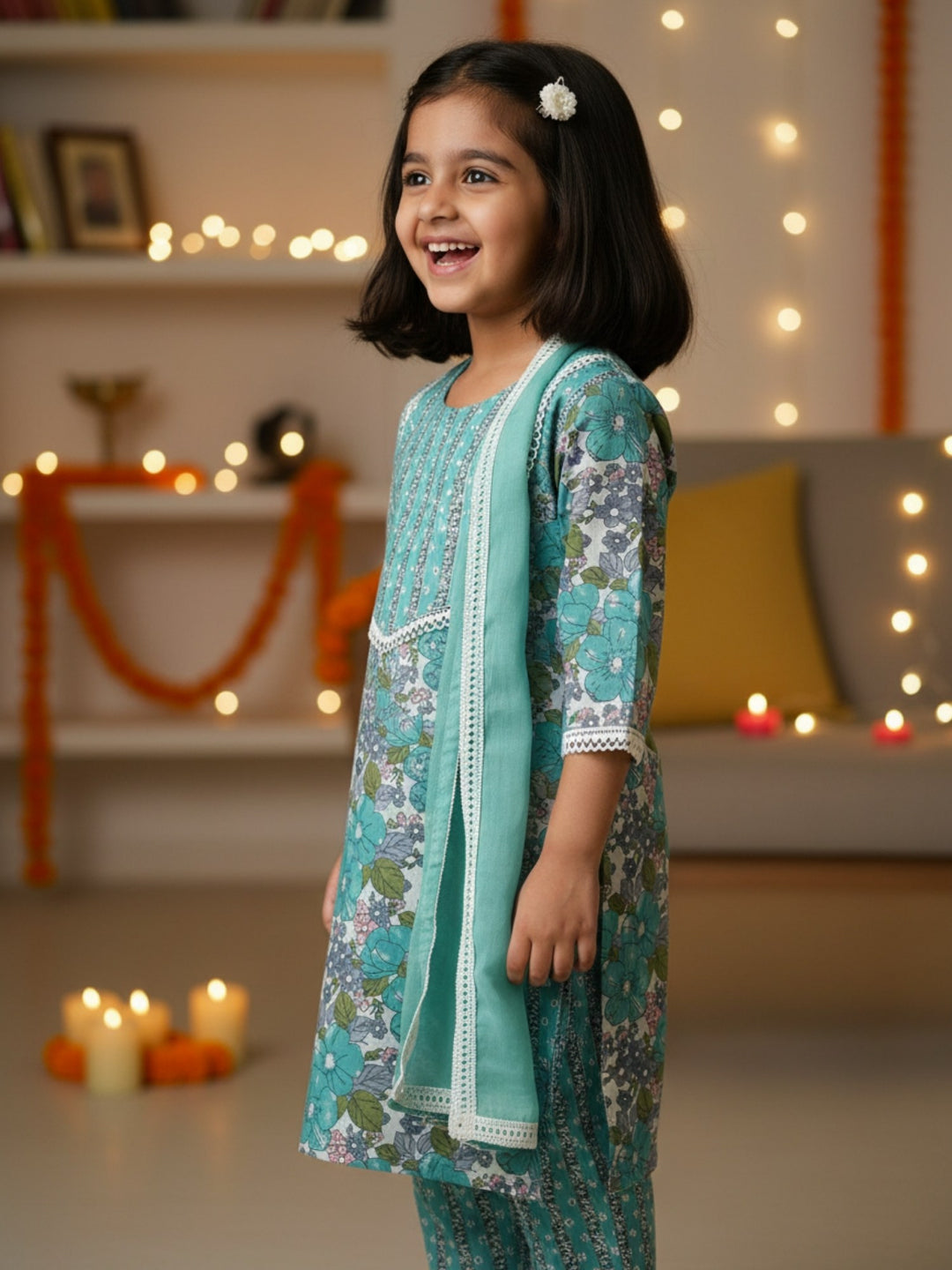 Blue Floral Print Kurti Set