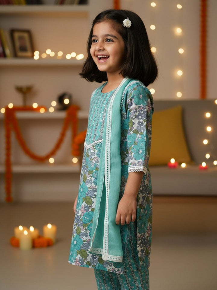 Blue Floral Print Kurti Set