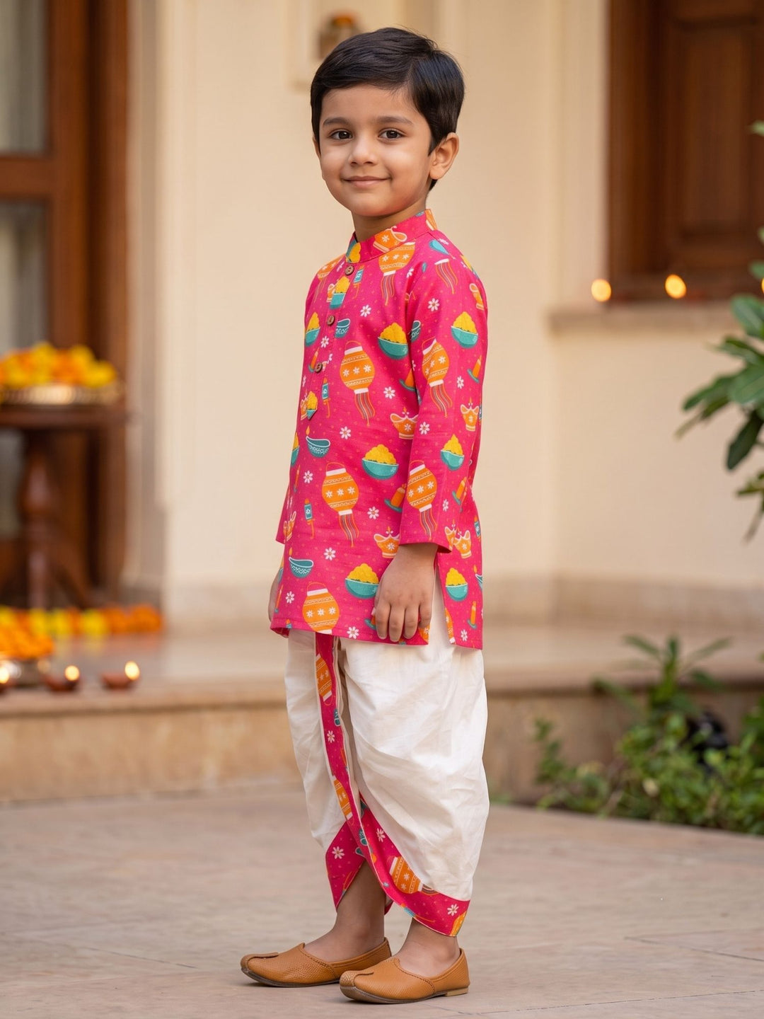Pink Festive Motif Kurta Dhoti Set