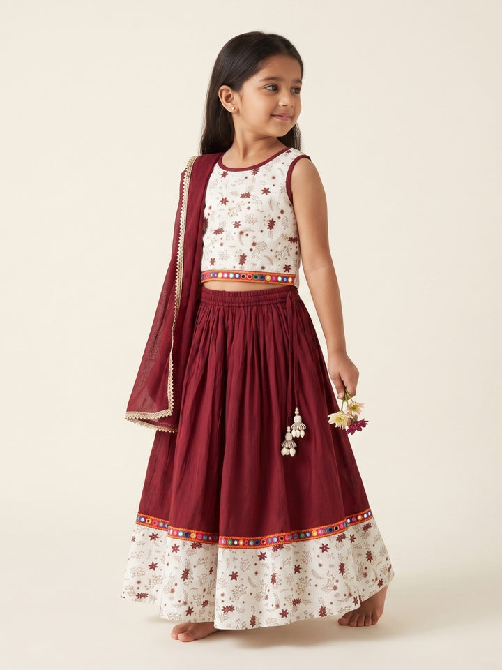 Maroon Golden Foil Printed Lehenga Choli Set &amp; Dupatta