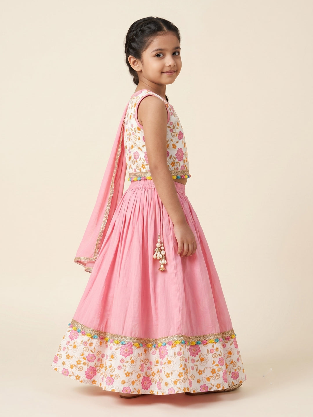 Pink Golden Foil Printed Lehenga Choli Set &amp; Dupatta