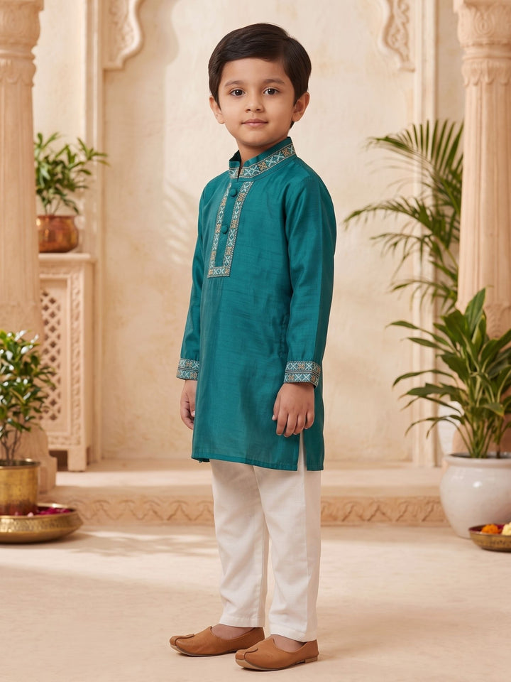 Blue Mashru Embroidered Kurta Pajama