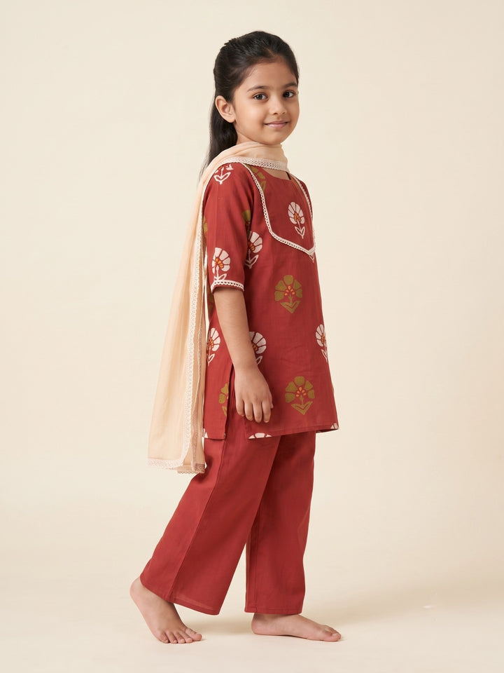 Red Floral Block Print Kurti Set