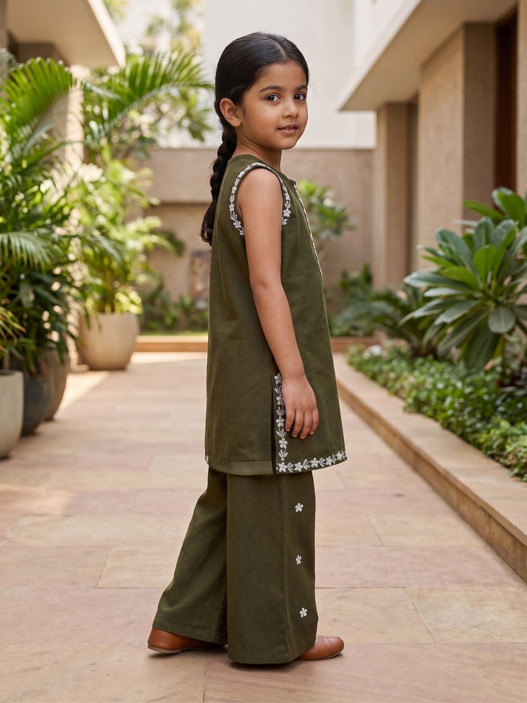 Olive Embroidered Kurti Palazzo
