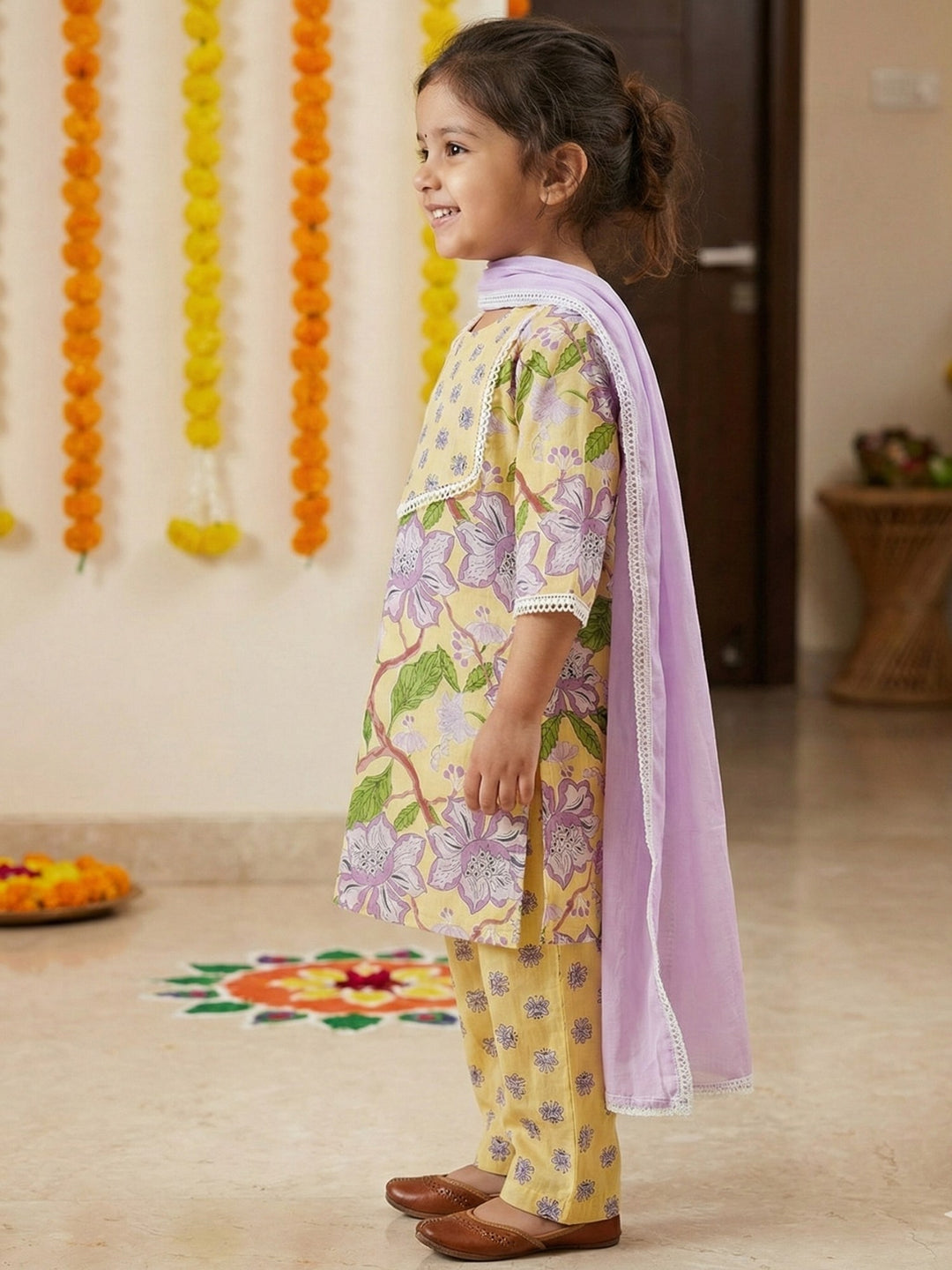 Yellow Floral Print Kurti Set