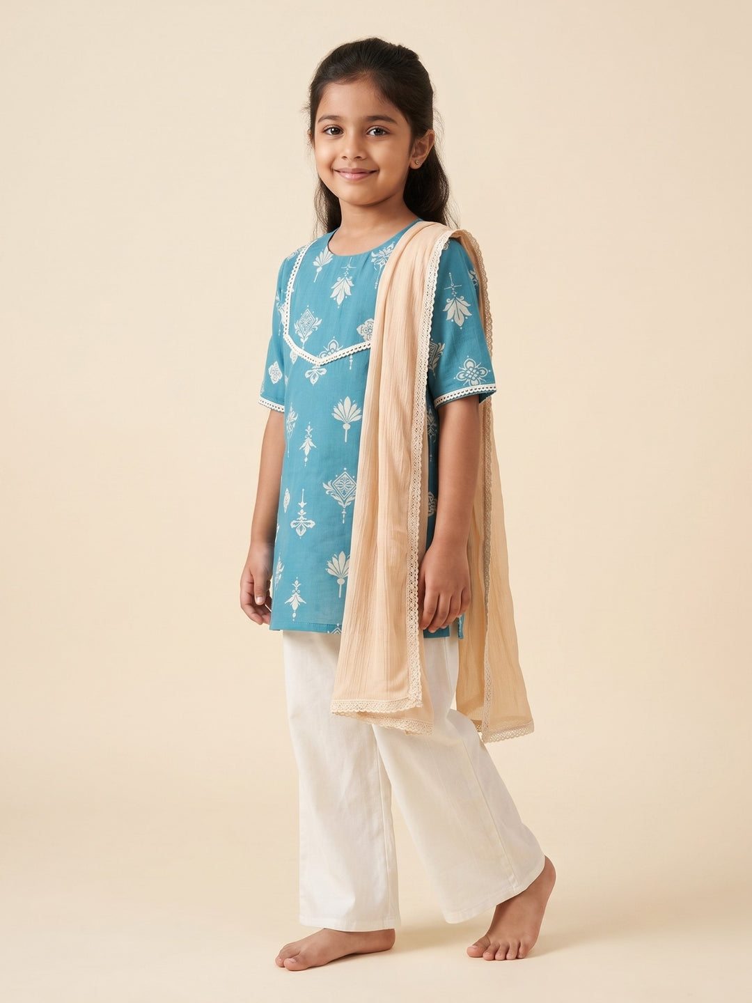 Teal Floral Print Kurti Set