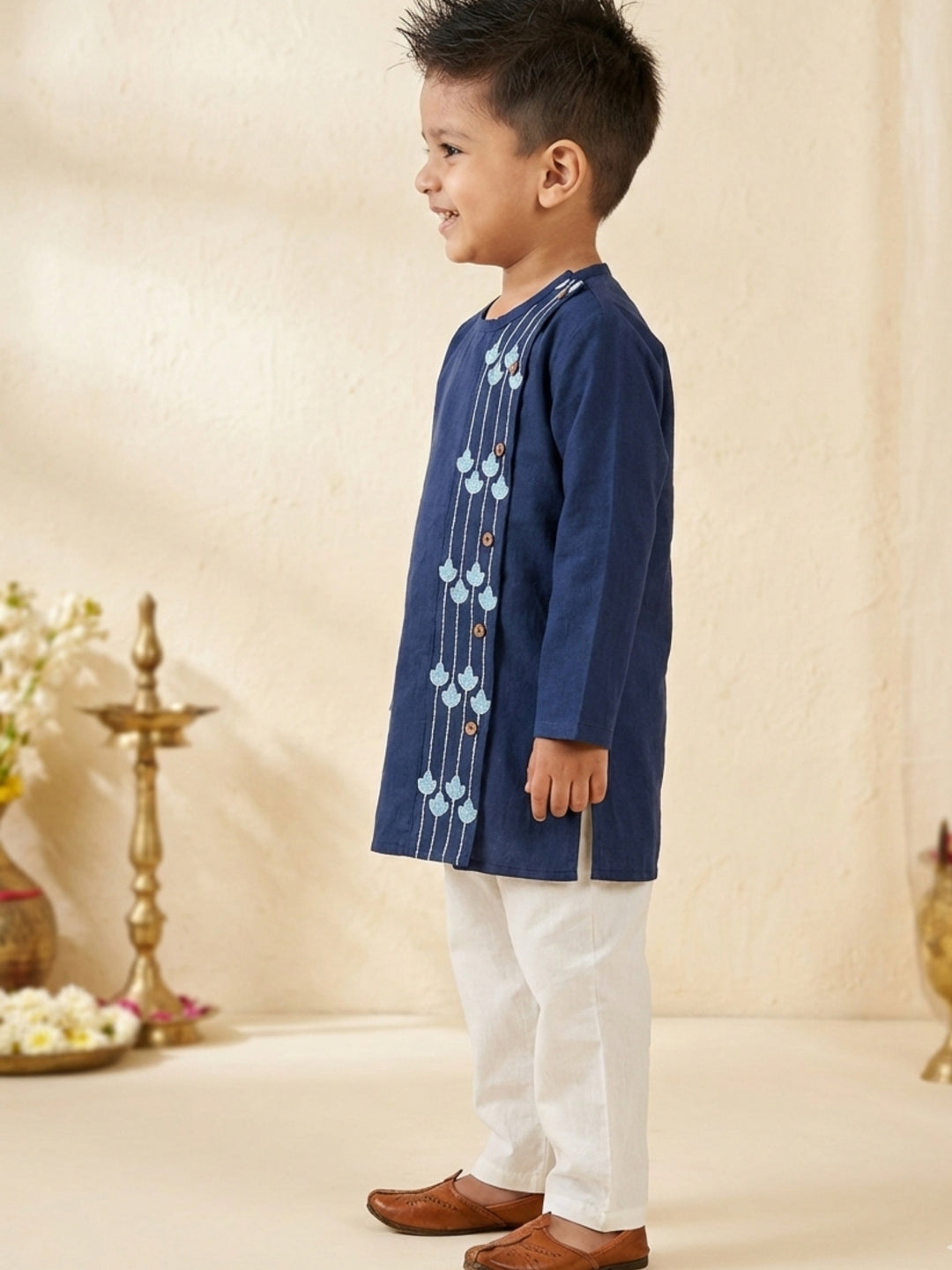 Navy Blue Embroidered Side Cut