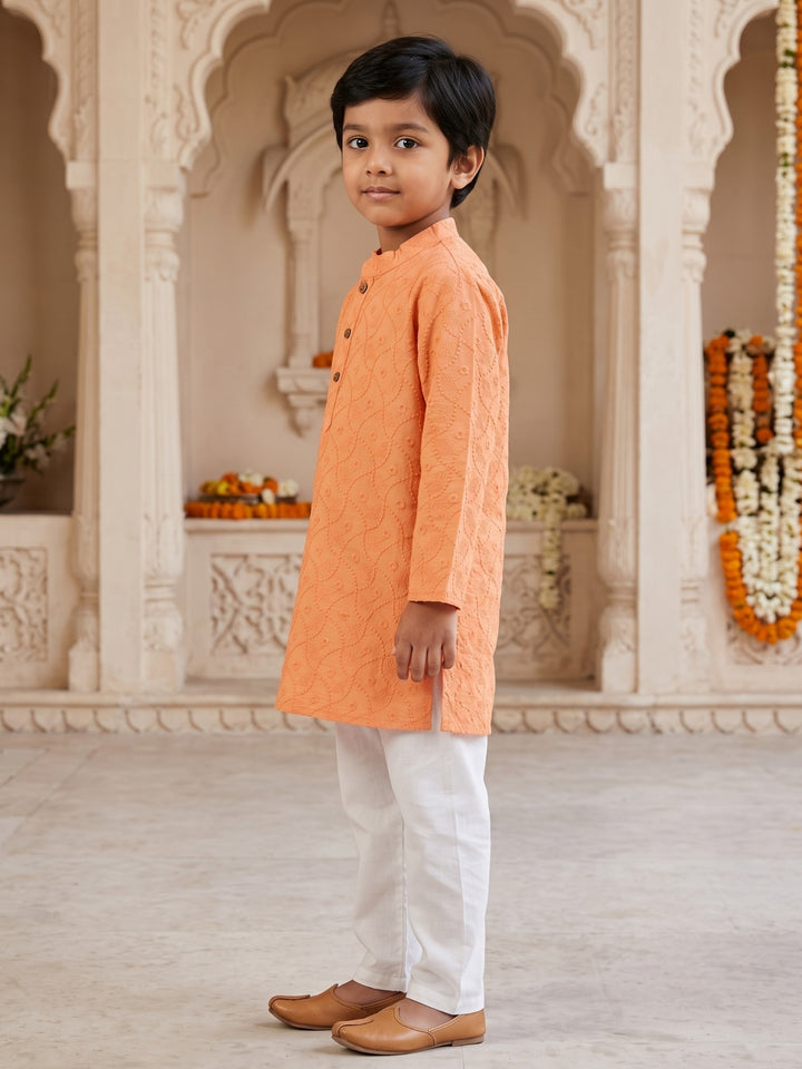 Peach Schiffli Embroidered Kurta Pajama