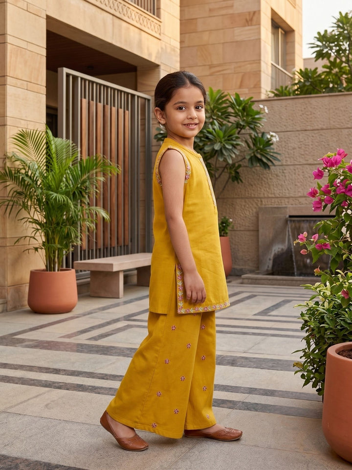 Mustard Embroidered Kurti Palazzo