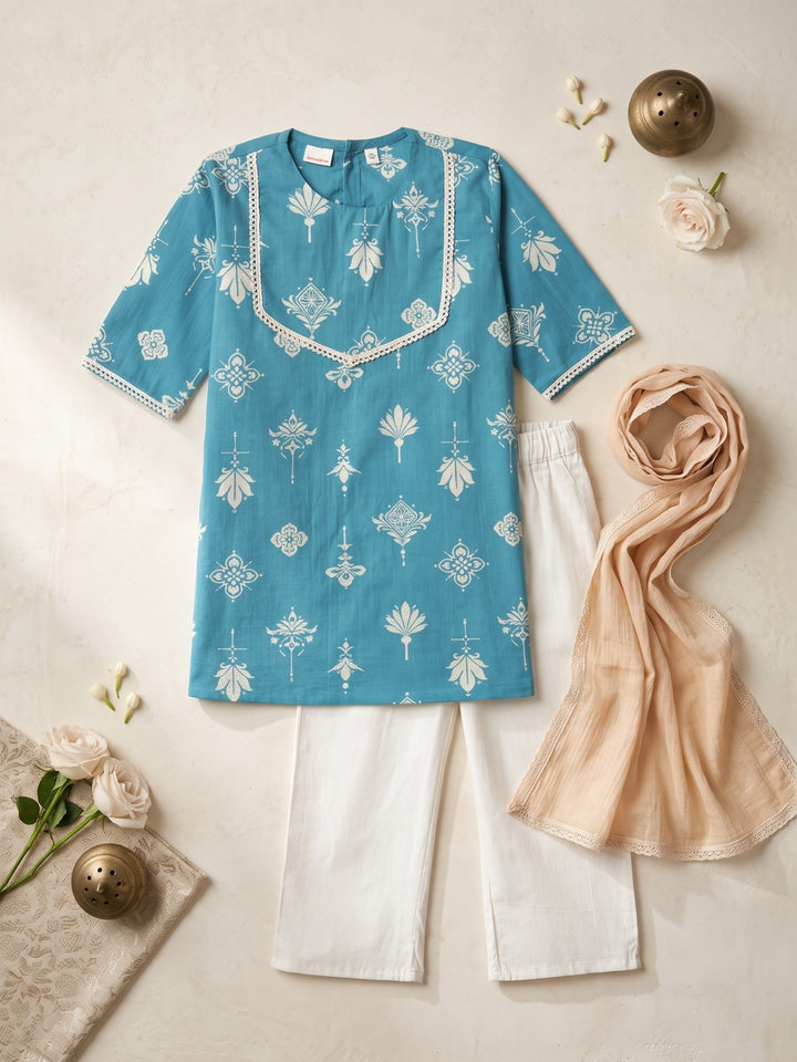 Teal Floral Print Kurti Set