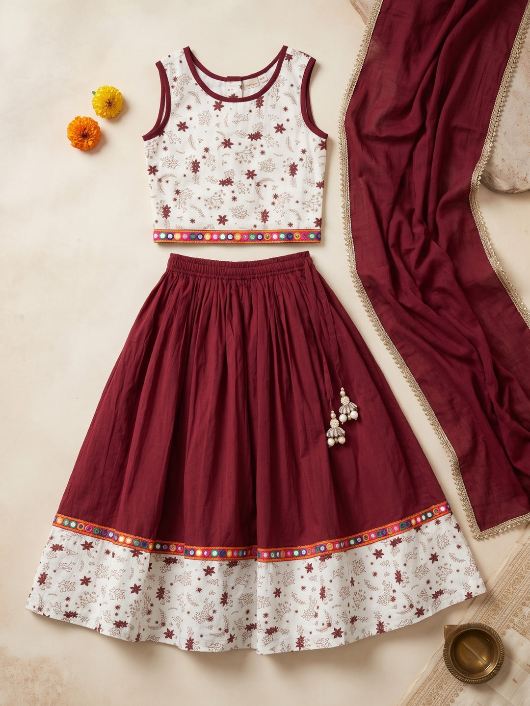 Maroon Golden Foil Printed Lehenga Choli Set &amp; Dupatta