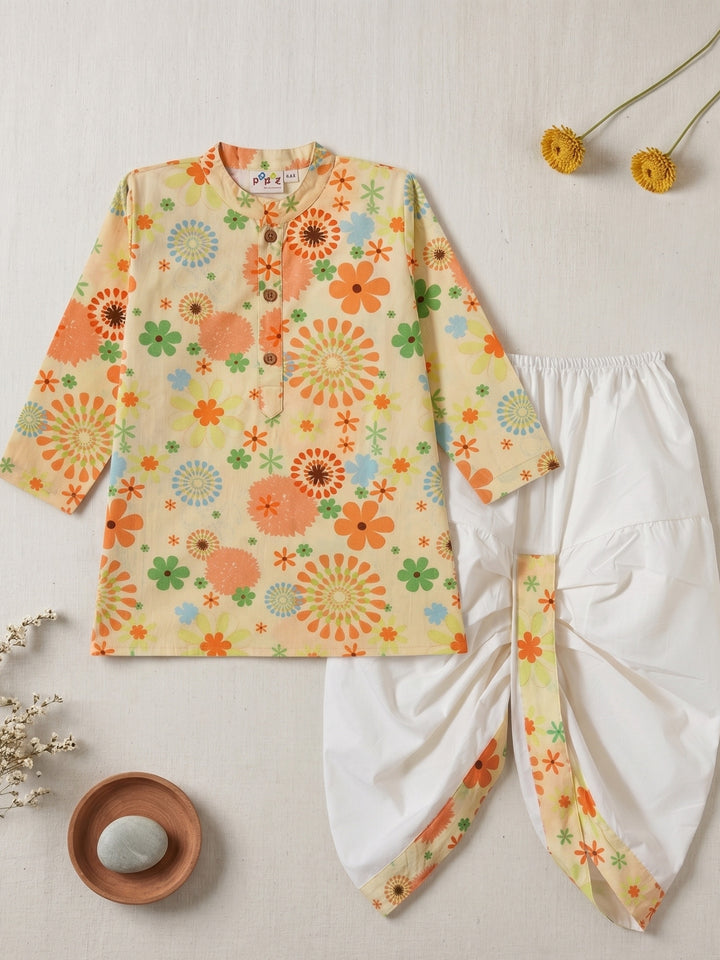 Yellow Floral Kurta Dhoti Set