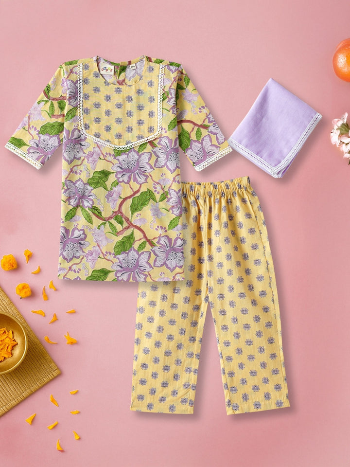 Yellow Floral Print Kurti Set