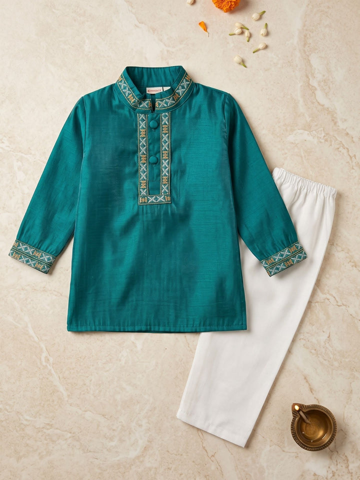 Blue Mashru Embroidered Kurta Pajama