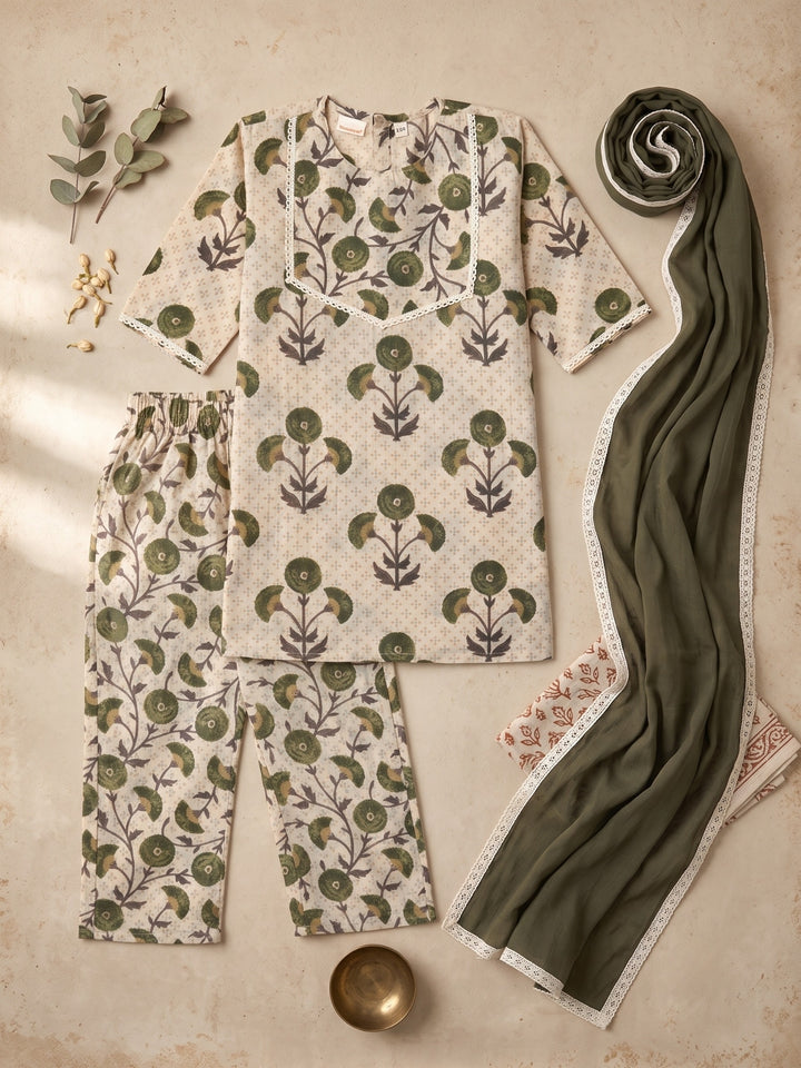 Cream Floral Motif Print Kurti Set