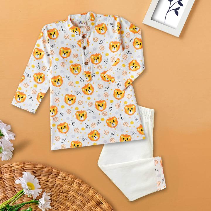 Cute Lion Faces Print Kurta Pajama Set