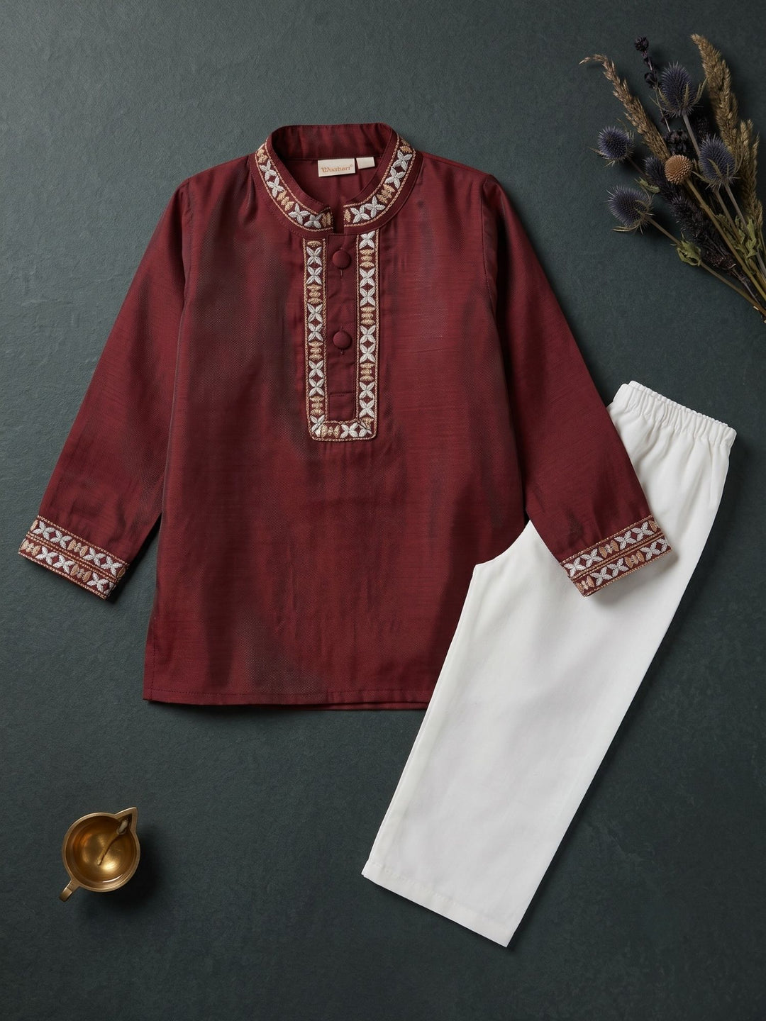 Maroon Mashru Embroidered Kurta Pajama
