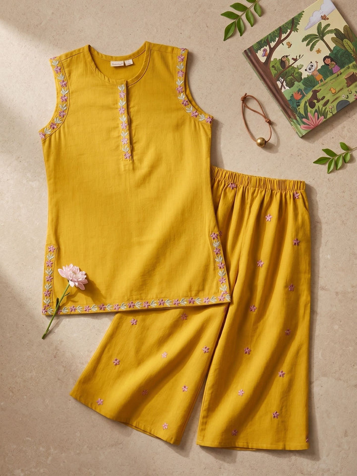Mustard Embroidered Kurti Palazzo