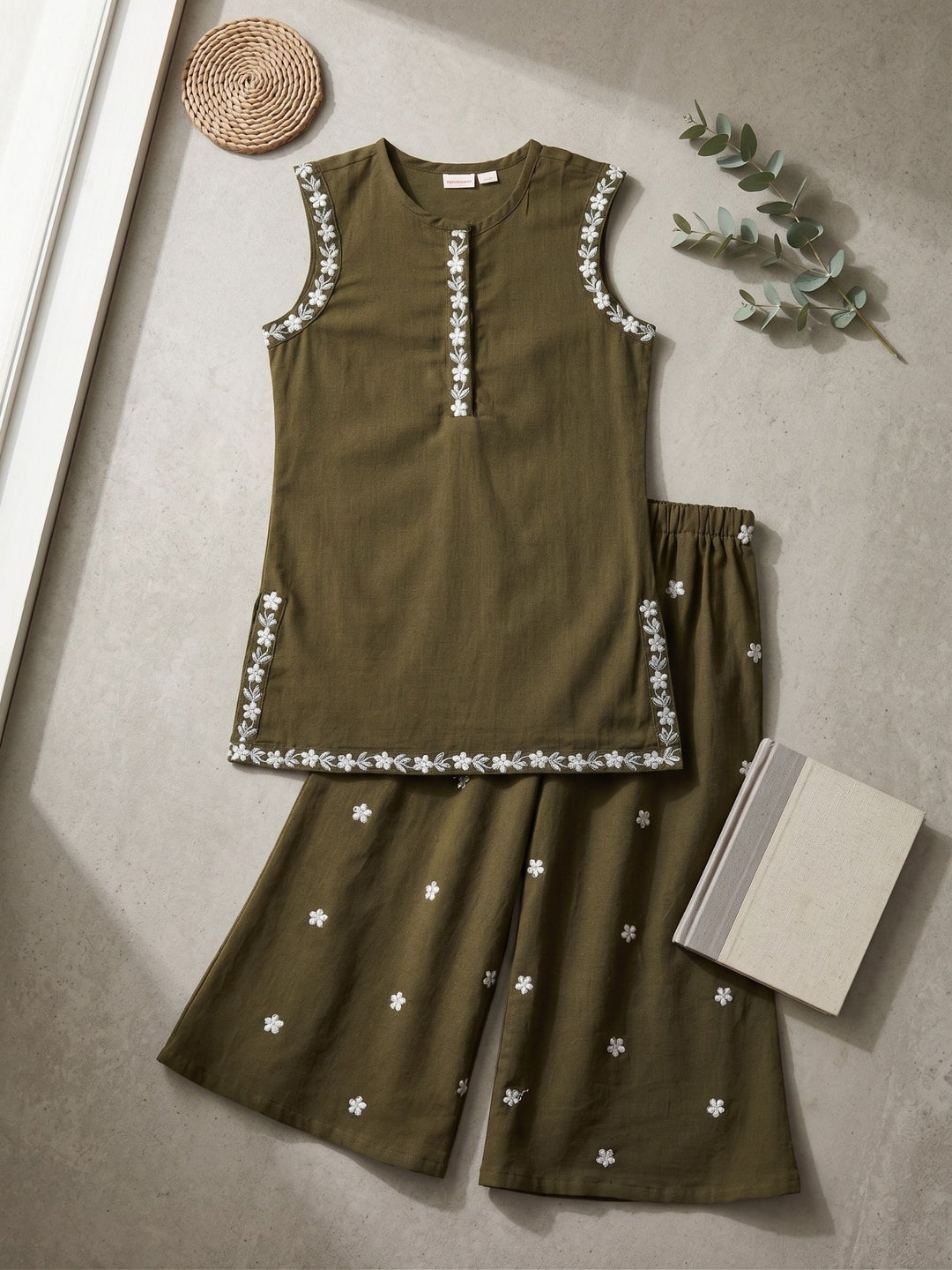 Olive Embroidered Kurti Palazzo