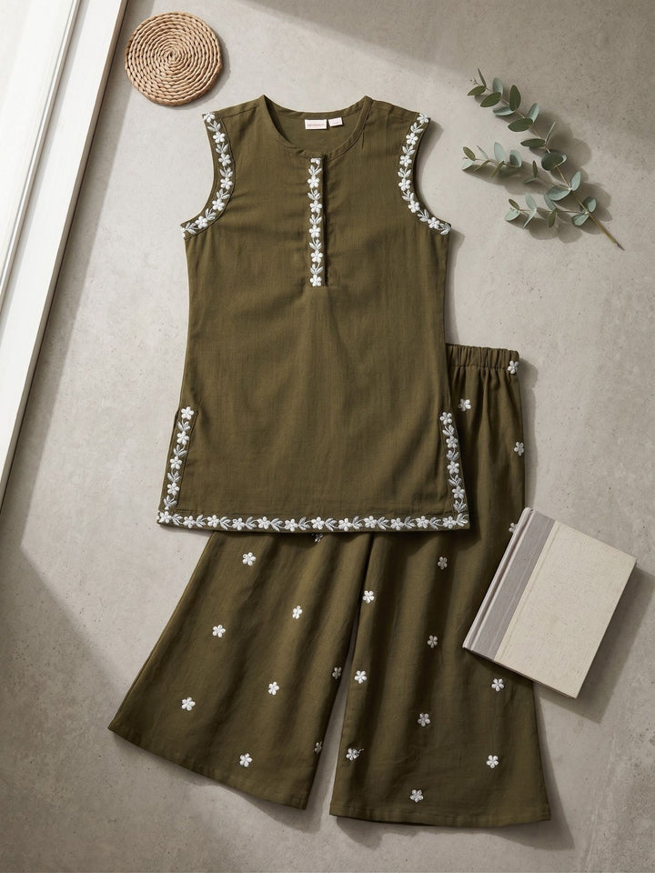 Olive Embroidered Kurti Palazzo