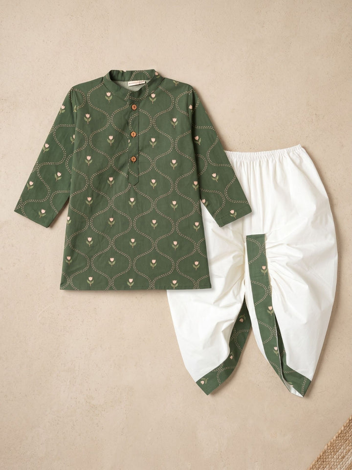 Olive Tulip Floral Bud Kurta Dhoti Set