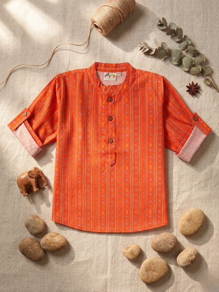 Orange Tribal Motif Short Kurta