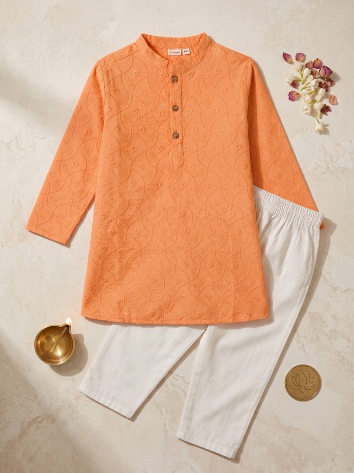 Peach Schiffli Embroidered Kurta Pajama