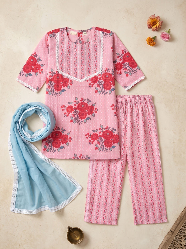 Pink Floral Buds Print Kurti Set