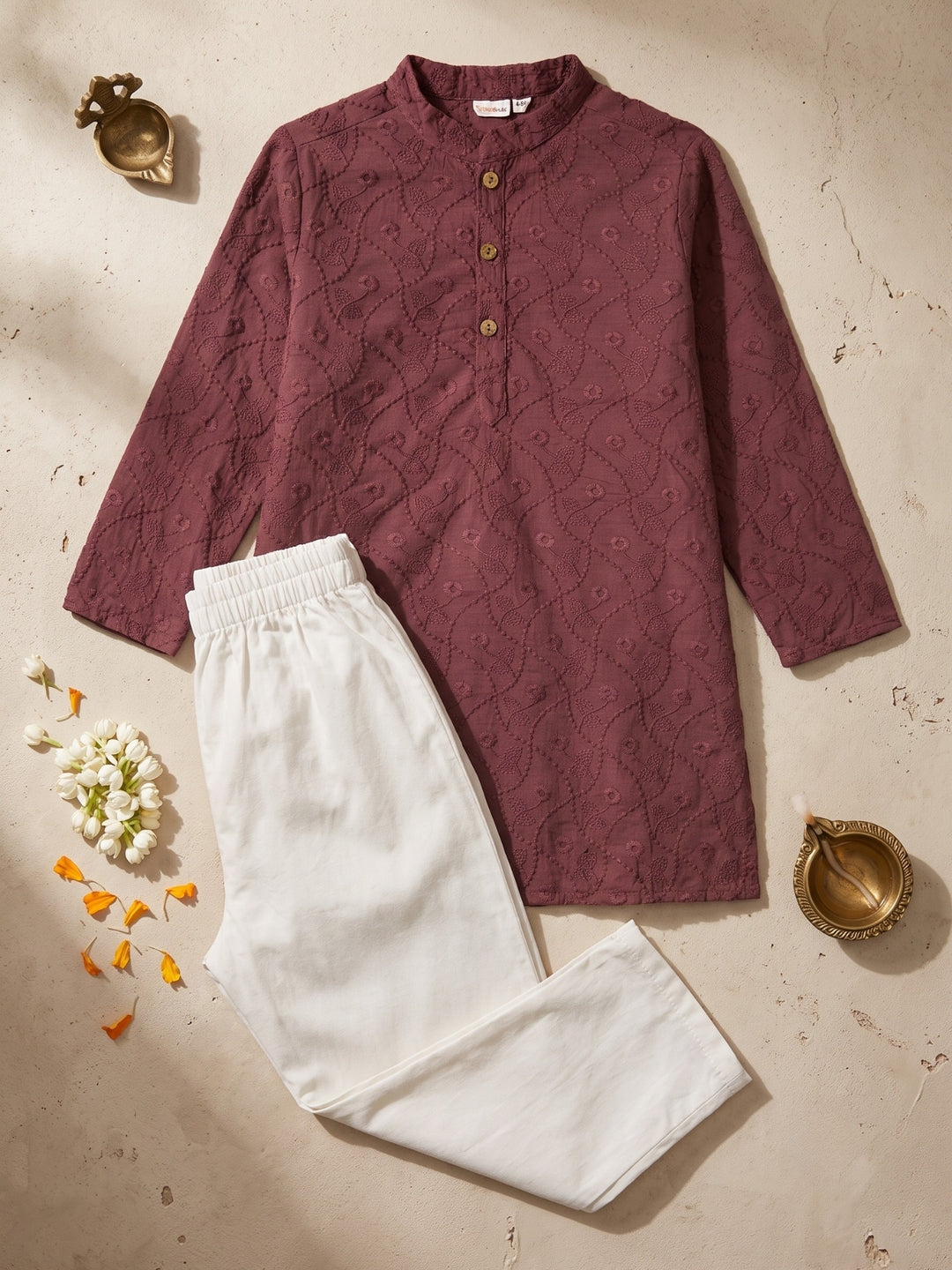 Wine Schiffli Embroidered Kurta Pajama