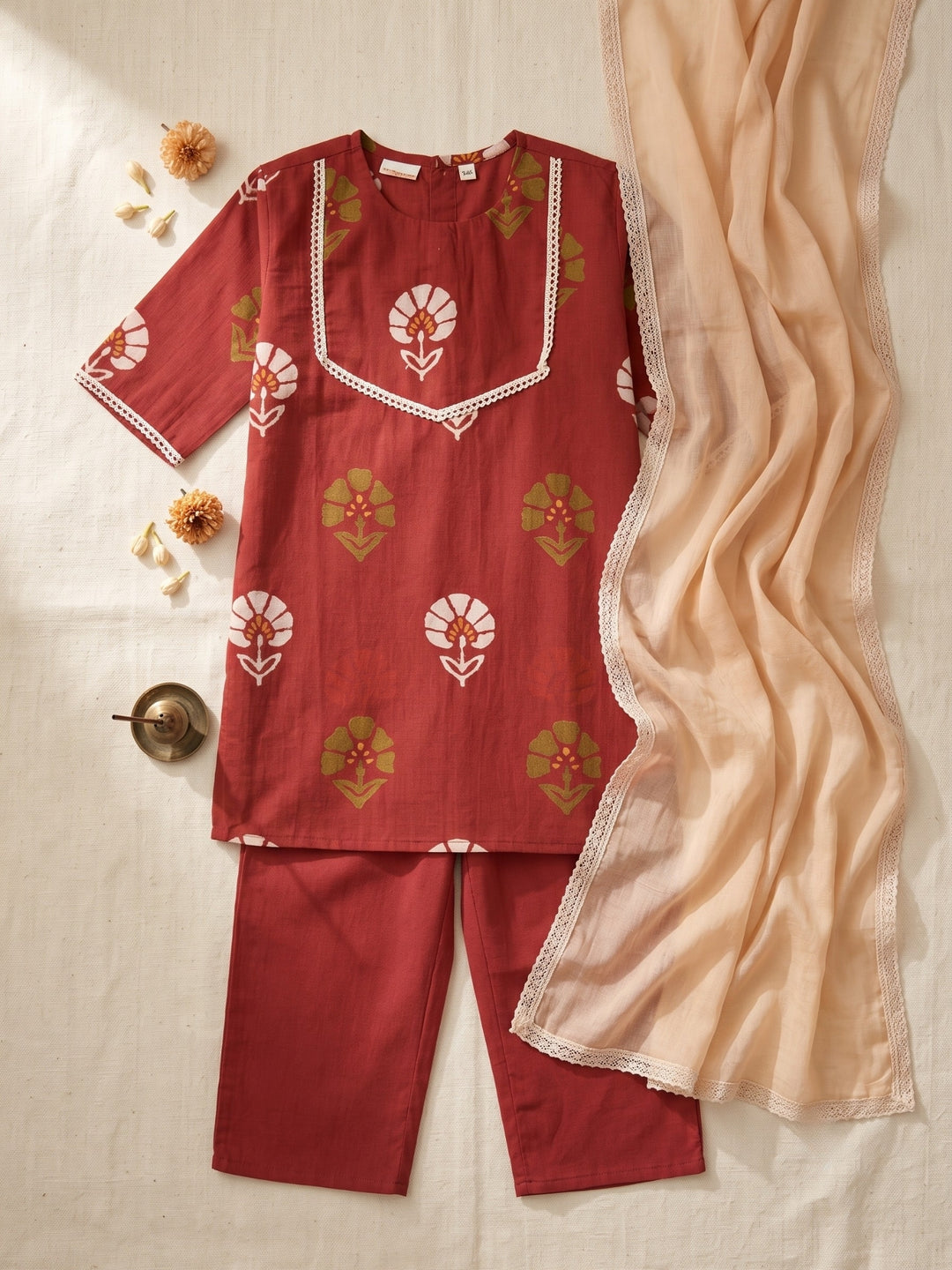 Red Floral Block Print Kurti Set