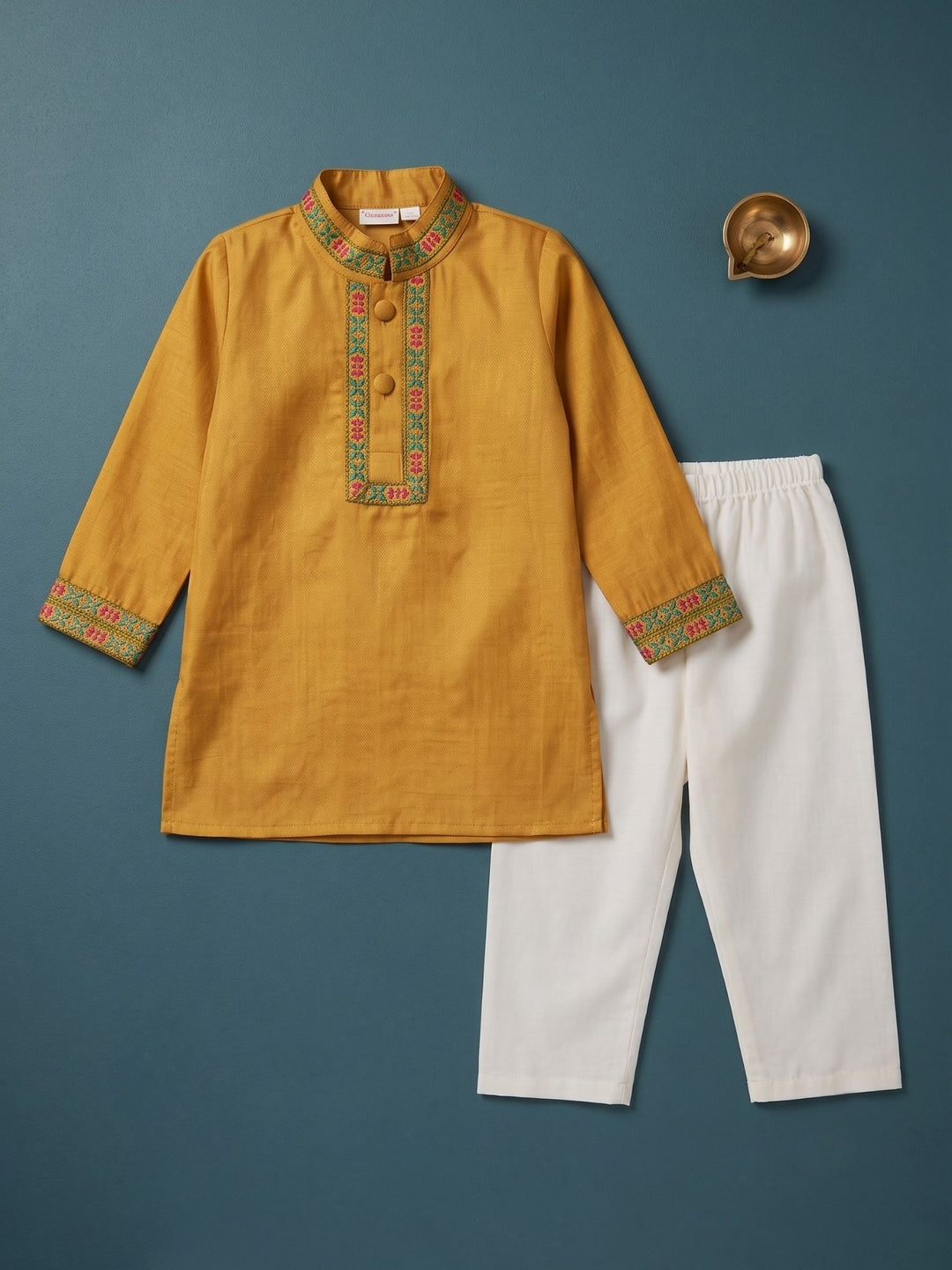 Yellow Mashru Embroidered Kurta Pajama
